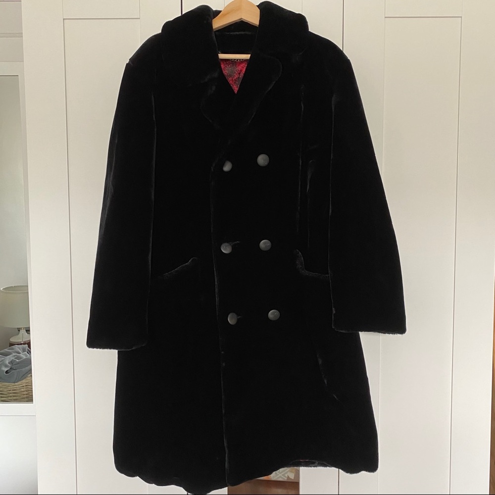 Vintage 80s 90s Black Velvet Plush Long Coat